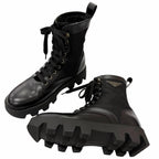 Prada Leather Nylon Triangle Logo Plate Combat Boots Ankle Black 6 — view 3