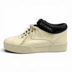 Chanel Logo with CC Lace Up Leather Sneakers Ivory Black — view 4