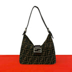 Fendi Zucca FF Pattern Logo Canvas Leather Shoulder Bag Brown Black