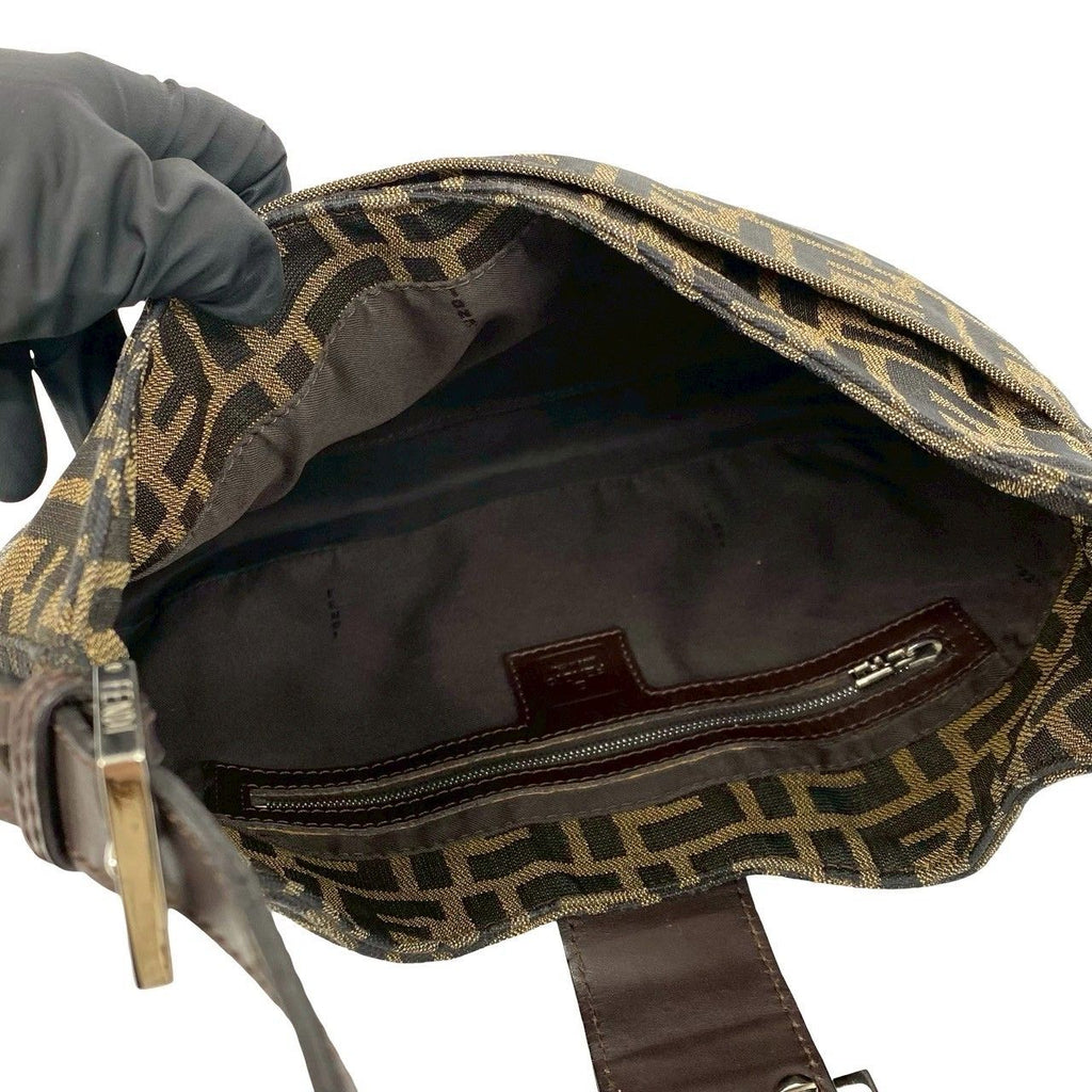 Fendi Zucca FF Pattern Logo Canvas Leather Shoulder Bag Brown Black — view 9