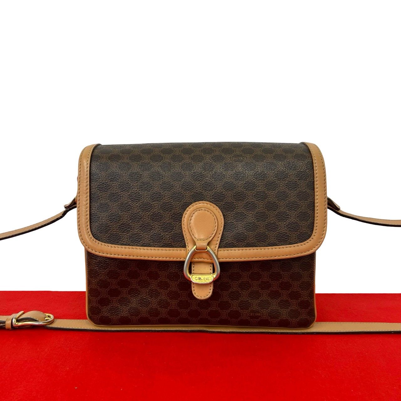 Celine Vintage Macadam Blason Trio Logo Pattern Leather Shoulder Bag Brown
