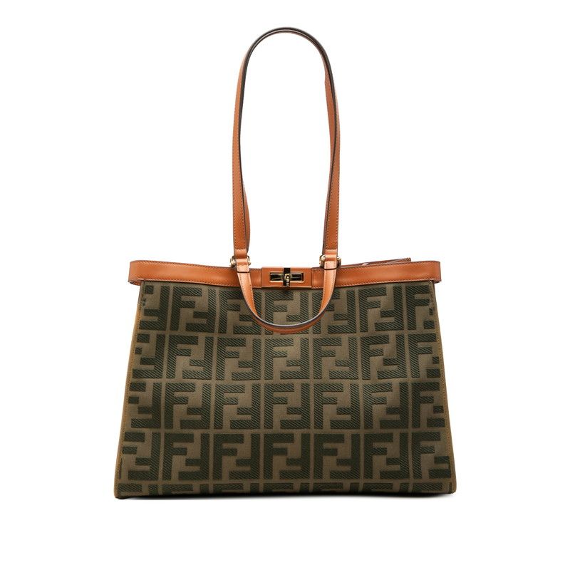 Fendi Zucca Tote Shoulder Bag 2-Way Green Brown Canvas Leather