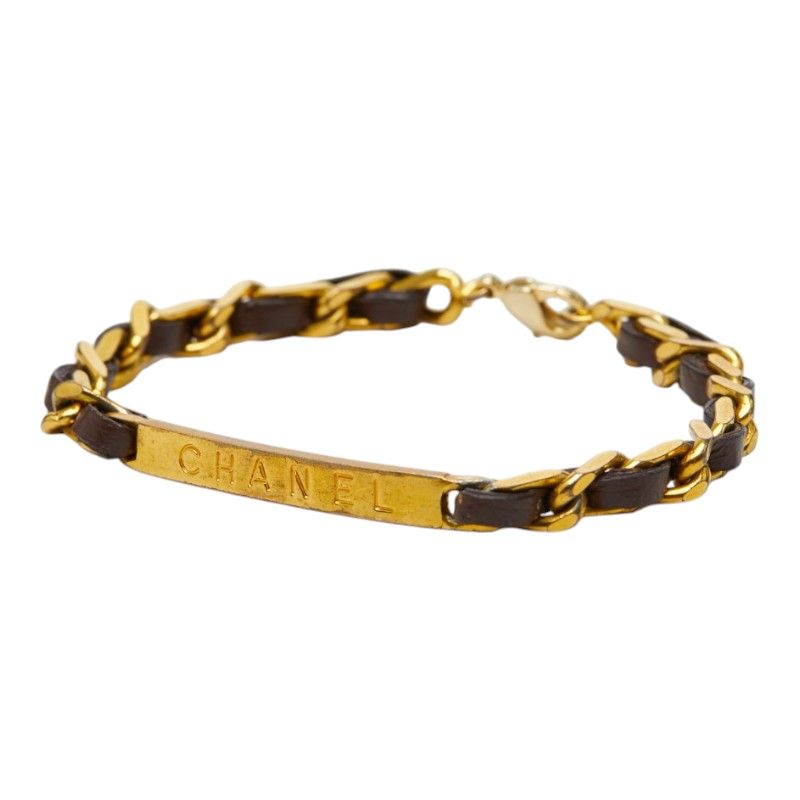 Chanel Logo Bracelet Gold Brown Plated Leather