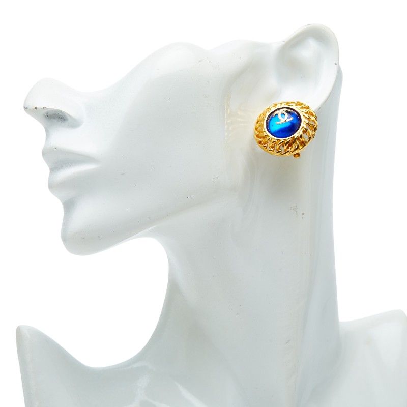Chanel CC Logo Gripoix Earrings Gold Blue Plated — view 5