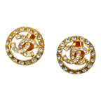 Chanel CC Logo Round Earrings Gold Plated Rhinestone
