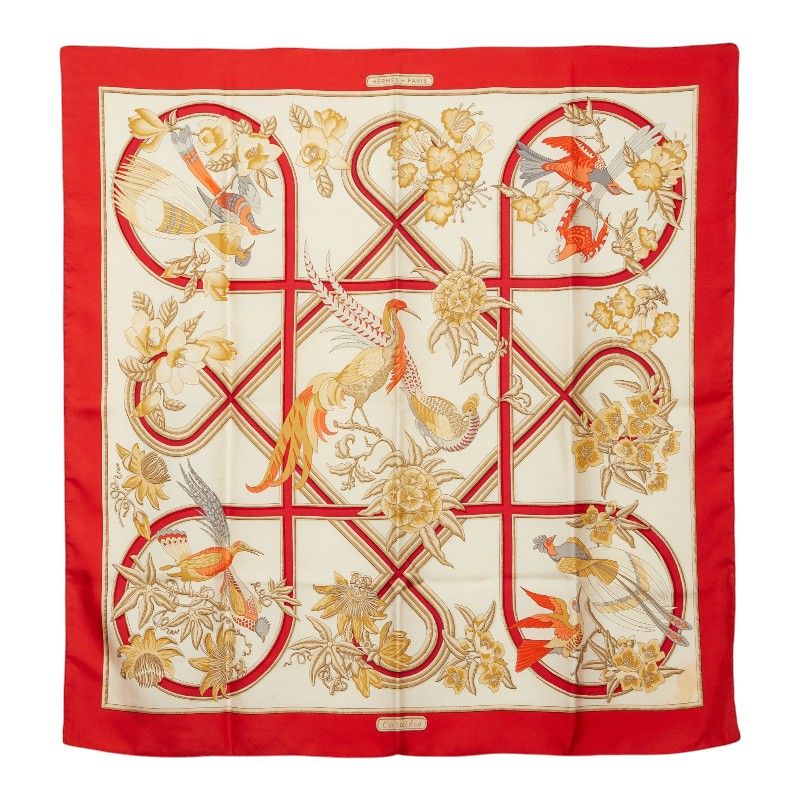 Hermes Carre 90 Caraibes Caribbean Bird Scarf Large Red Ivory Silk