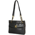 Chanel CC Logo Chain Tote Shoulder Bag Leather Black