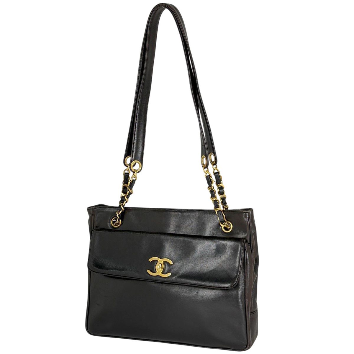 Chanel CC Logo Chain Tote Shoulder Bag Leather Black