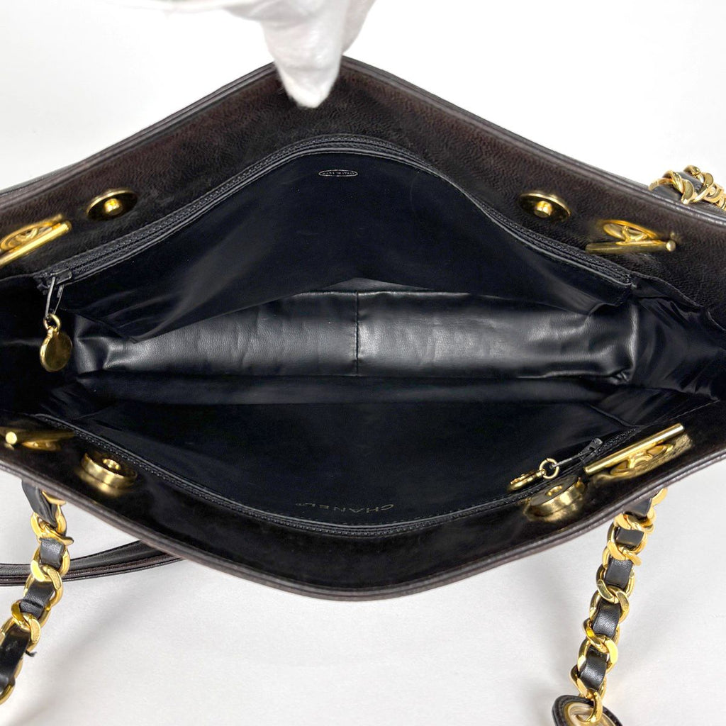 Chanel CC Logo Chain Tote Shoulder Bag Leather Black — view 9