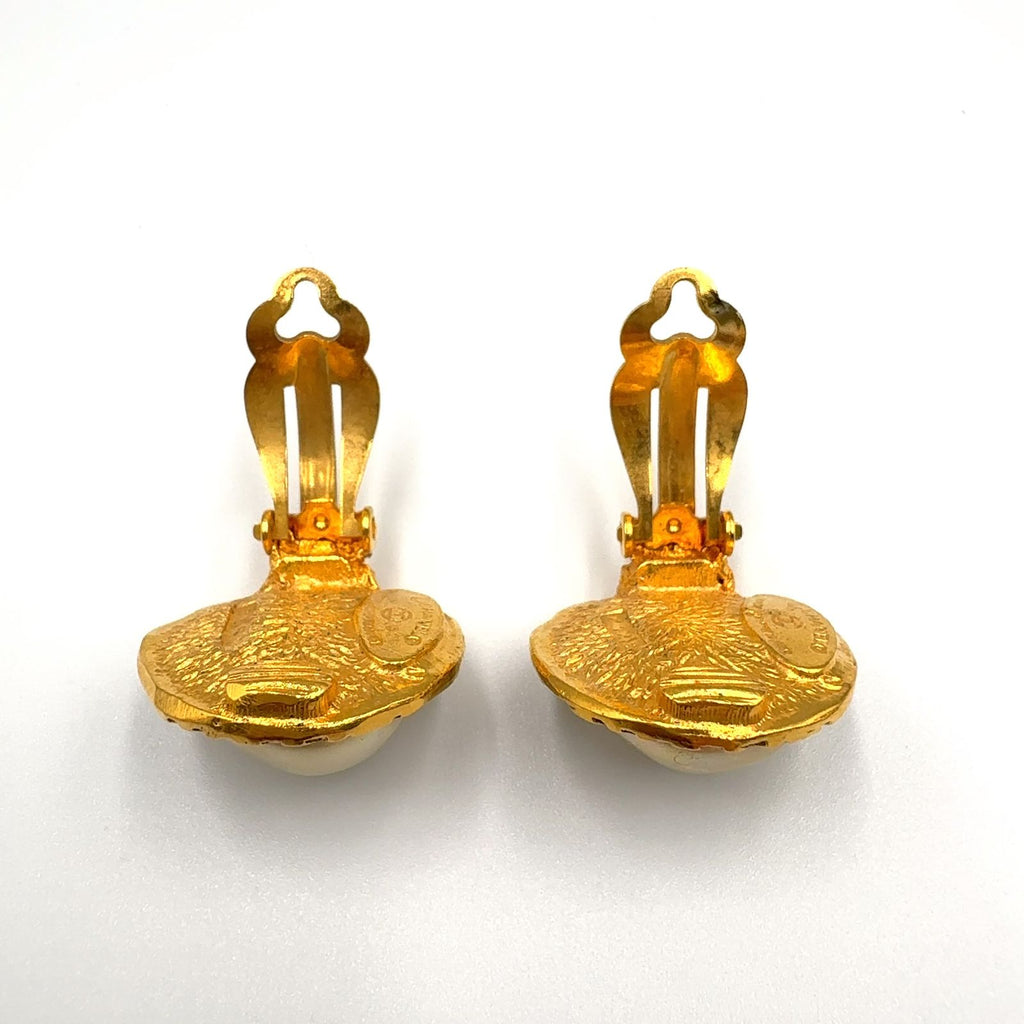 Chanel Round Logo Faux Pearl Gold White Earrings — view 7