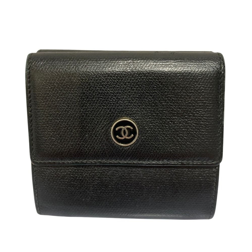 Chanel CC Logo Button Leather Compact Wallet Trifold Black