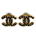 Chanel CC Logo Black Rhinestone Clip Earrings Gold