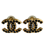 Chanel CC Logo Black Rhinestone Clip Earrings Gold