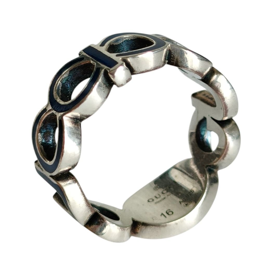 Gucci 925 Interlocking GG Logo Silver Ring Blue — view 4