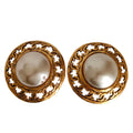 Chanel 25 CC Logo Metal Faux Pearl Clip Earrings Gold Plated