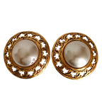 Chanel 25 CC Logo Metal Faux Pearl Clip Earrings Gold Plated