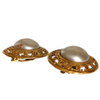 Chanel 25 CC Logo Metal Faux Pearl Clip Earrings Gold Plated — view 2
