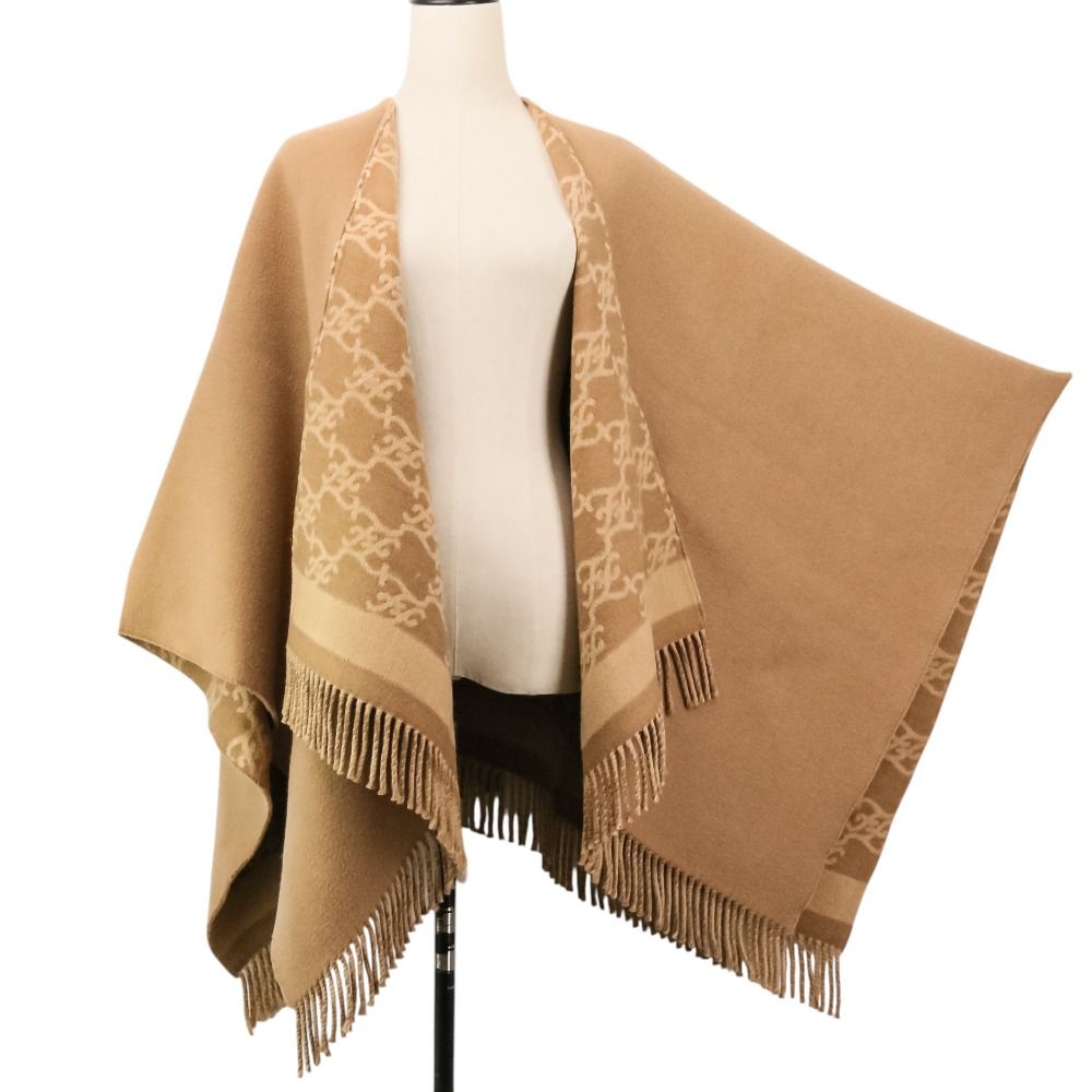Fendi Cashmere Blend Logo Calligraphy Reversible Cape Shawl Beige Scarf — view 2