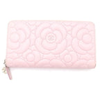 Chanel Camellia Zip Around Wallet Card Case Light Pink Lambskin Silver