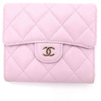 Chanel Quilted Bifold Wallet Compact Coin Case Light Pink Caviar Leather Gold