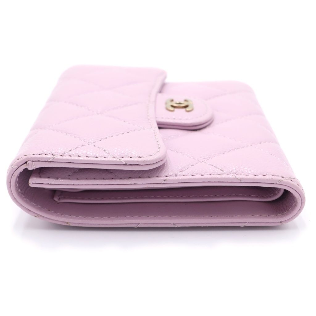 Chanel Quilted Bifold Wallet Compact Coin Case Light Pink Caviar Leather Gold — view 3