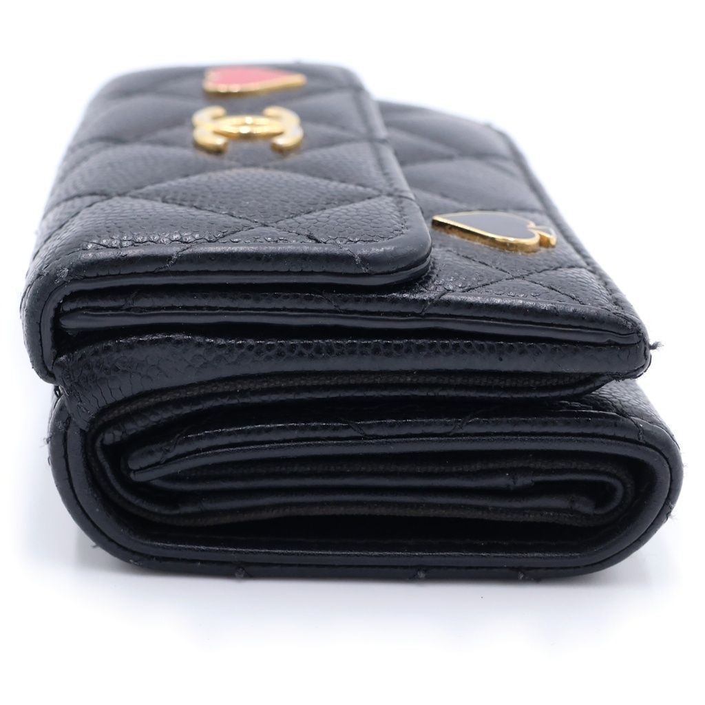 Chanel CC Logo Spade Heart Charm Trifold Wallet Compact Coin Case Black Caviar — view 3