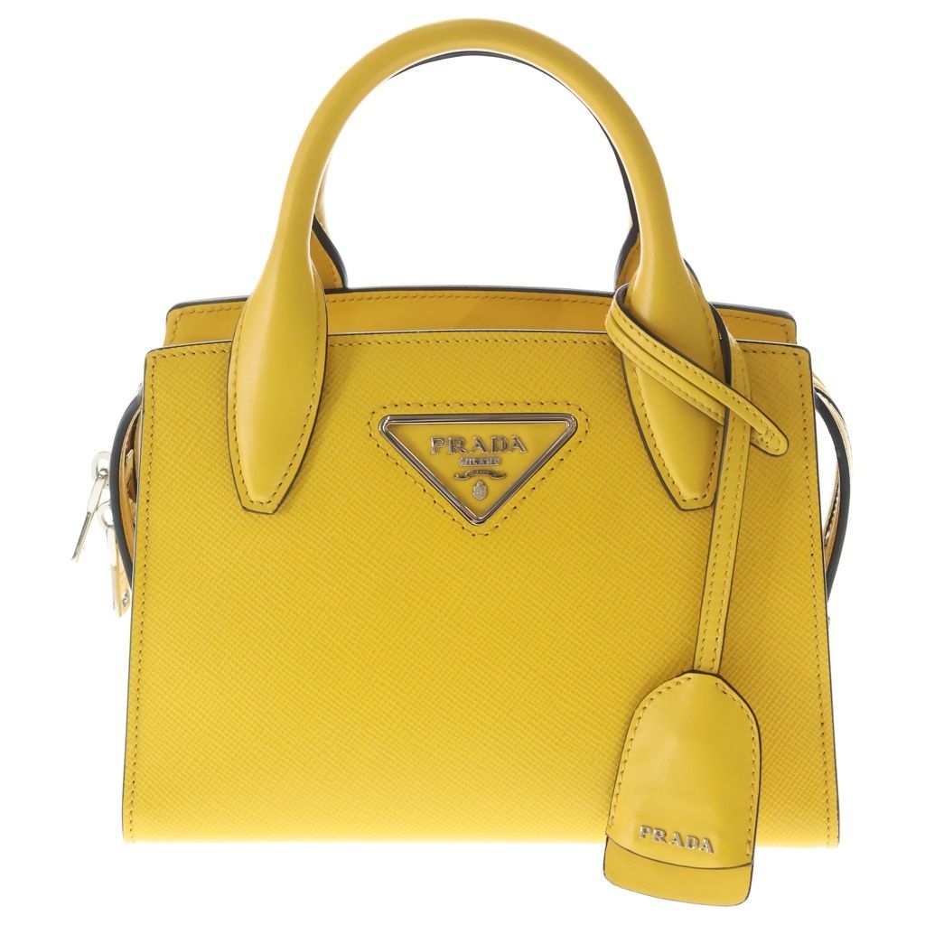 Prada Saffiano 2-Way Shoulder Bag Yellow Leather Silver