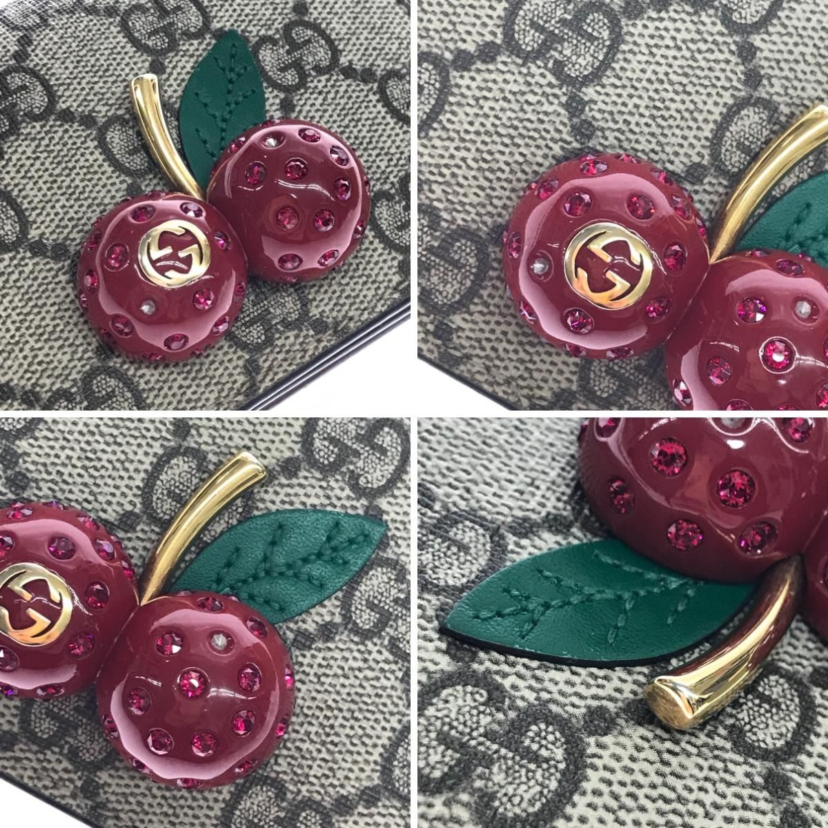 Gucci Bifold Wallet GG Supreme Cherry Mini 2 Stones Brown — view 3