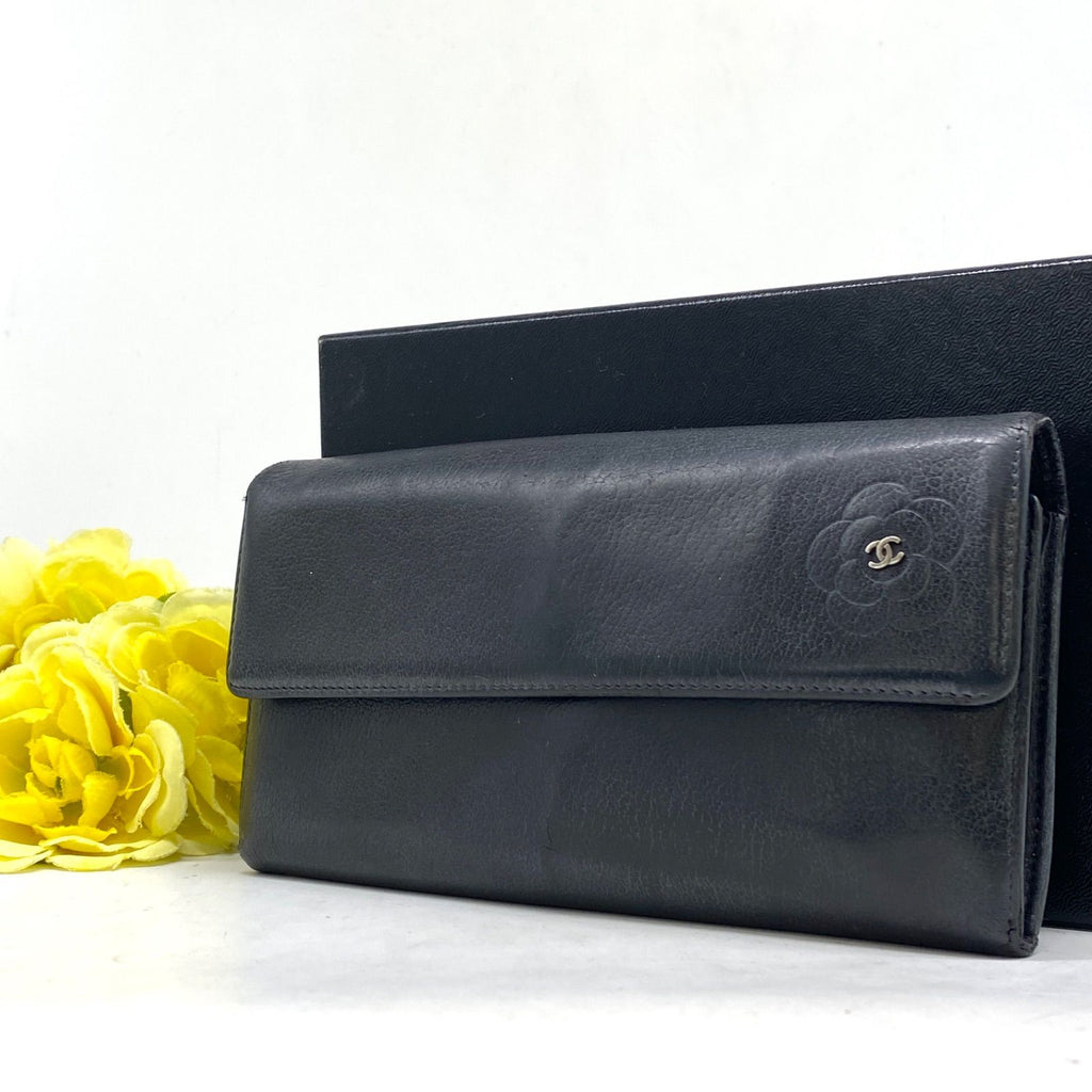 Chanel Wallet Bifold Leather Black CC Logo Camellia Card Billfold