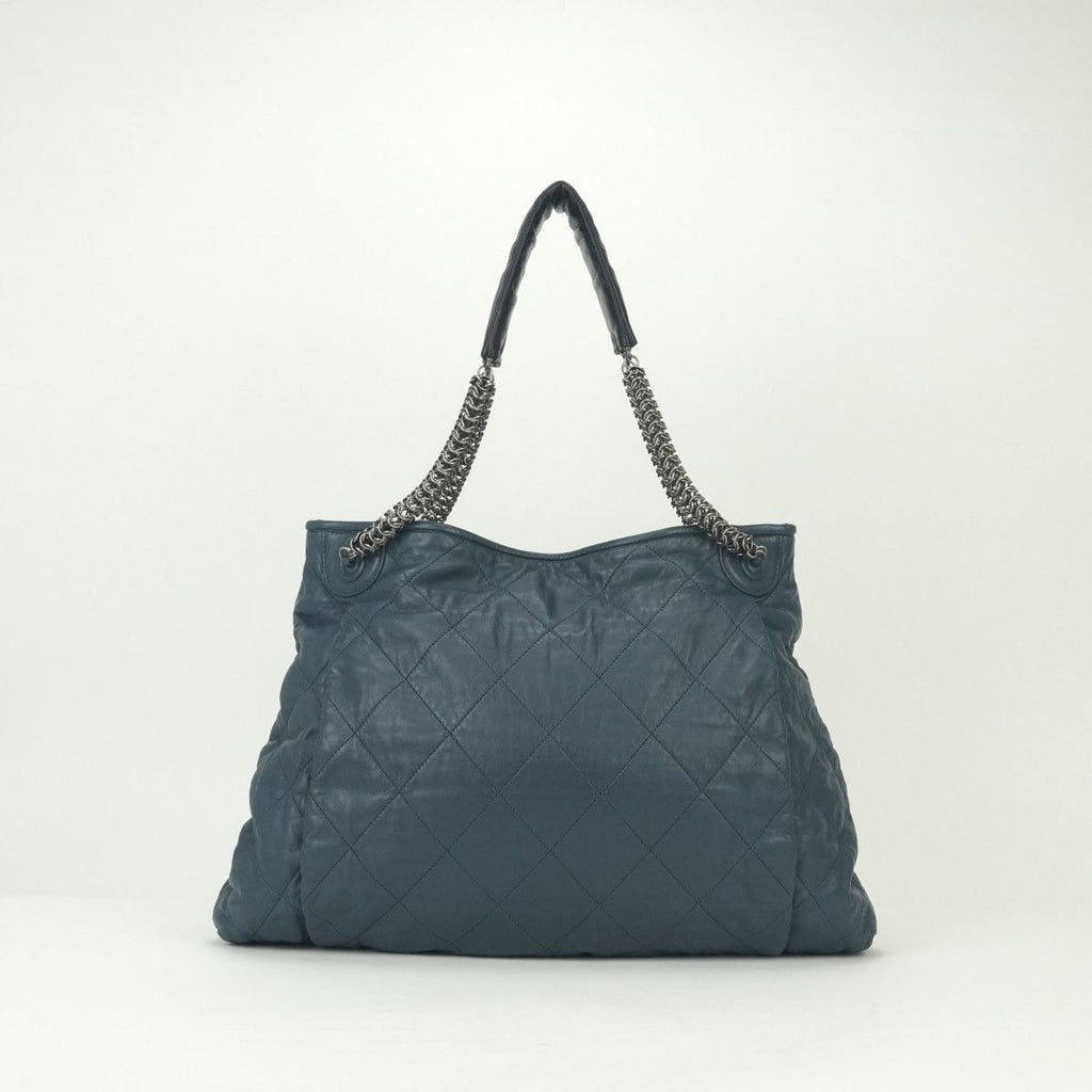 Chanel Quilted Tote Lambskin Navy Blue Gunmetal CC Logo Chain Shoulder — view 3