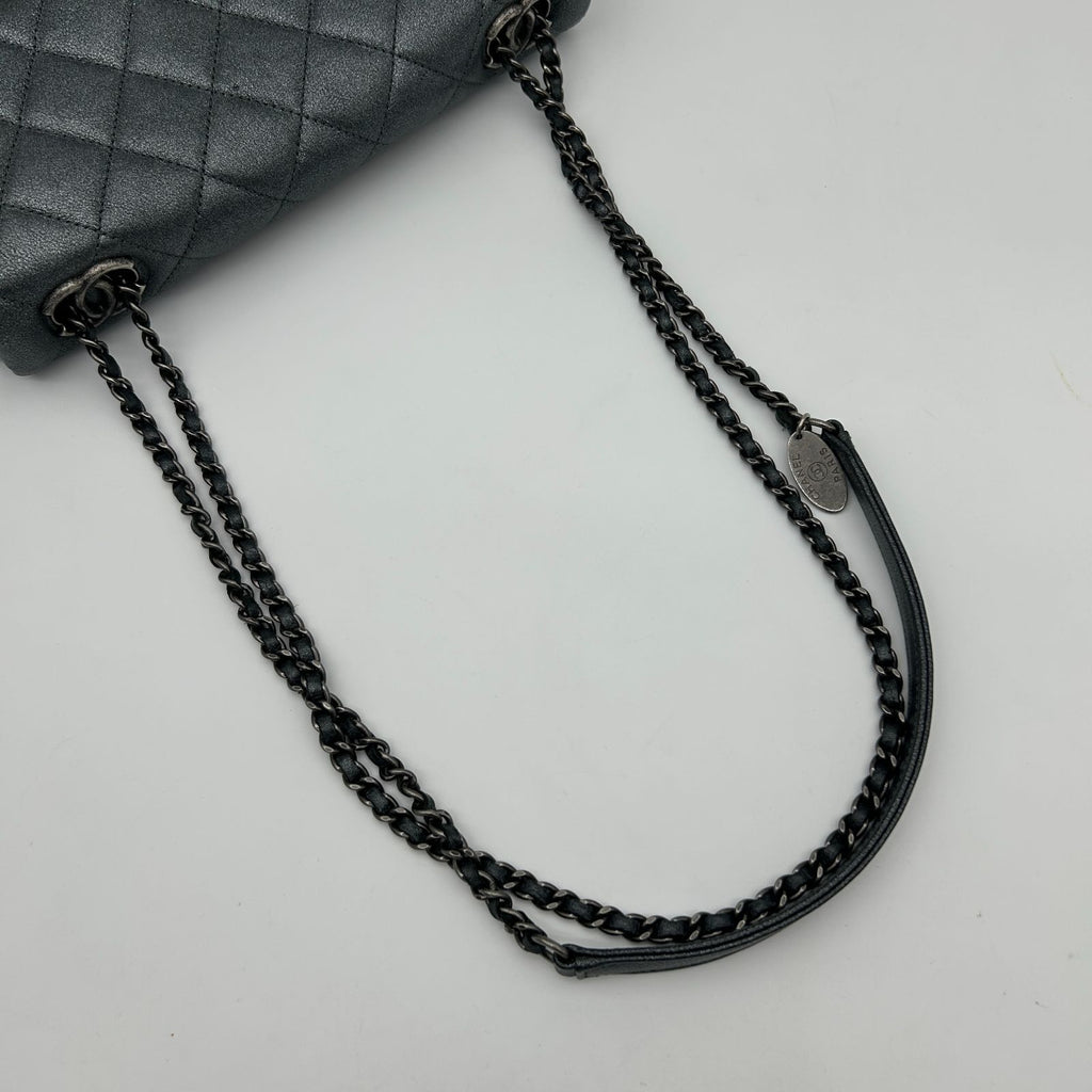 Chanel Quilted Chain Shoulder Bag Gray Silver — view 6