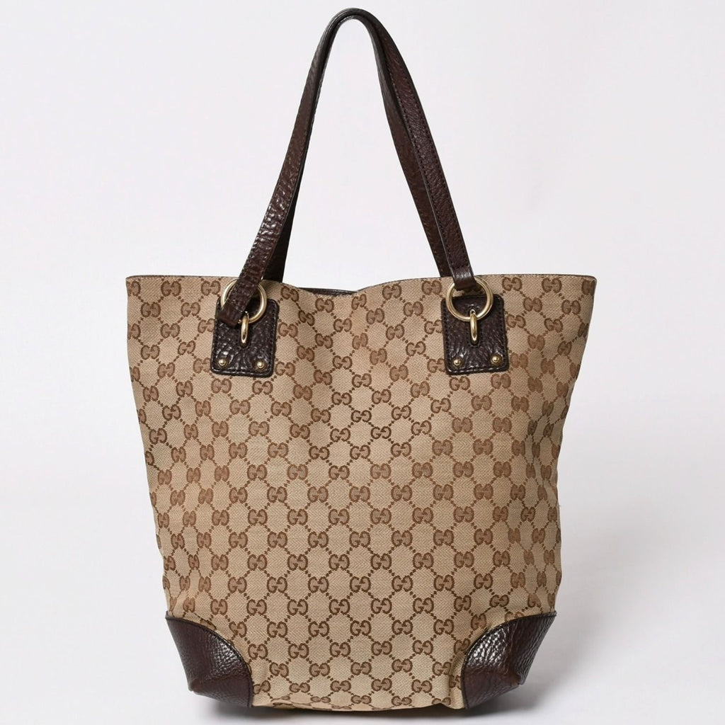 Gucci Beige Brown Gold GG Canvas Leather Tote Shoulder Bag — view 2