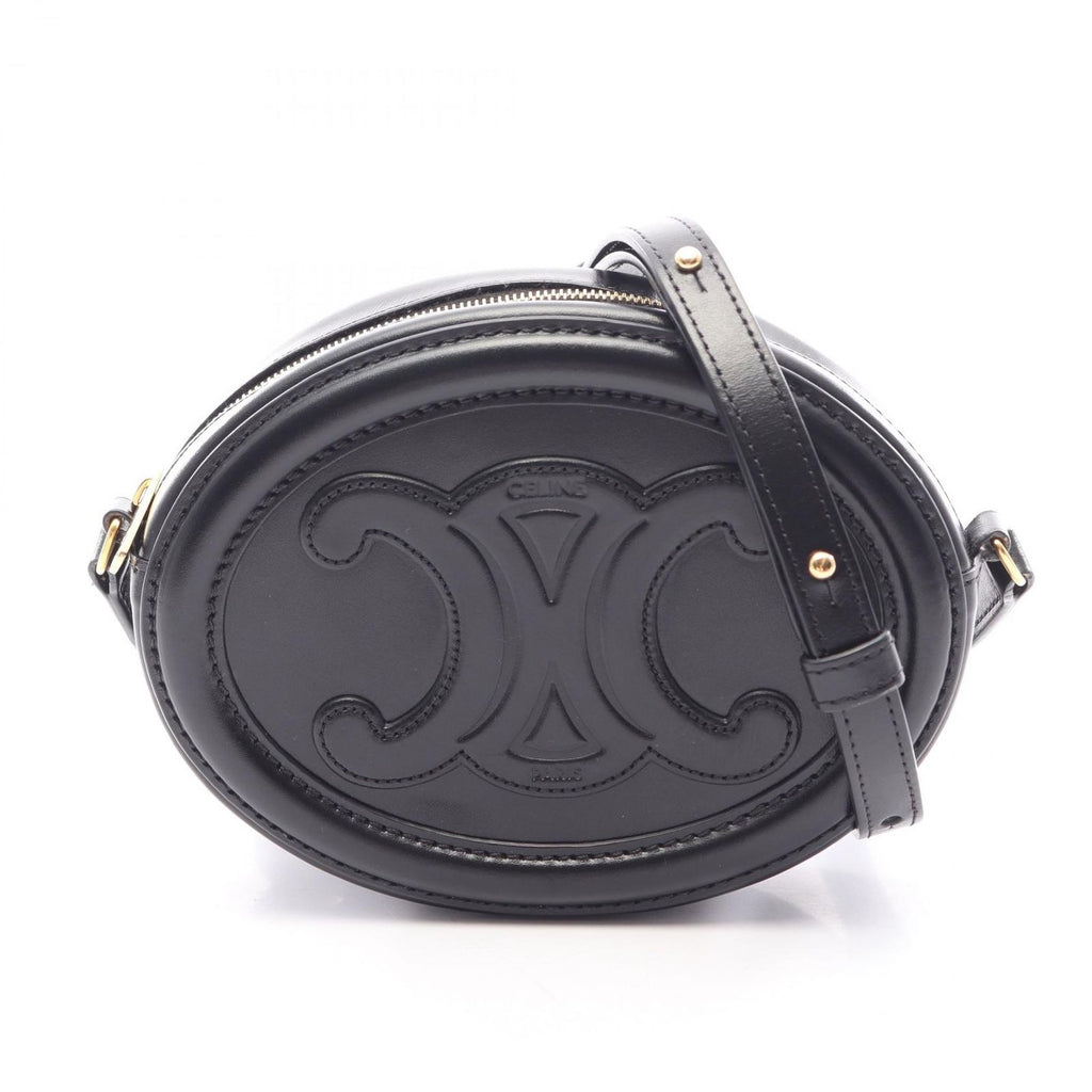 Celine Shoulder Bag Trio Black Leather Oval Purse Cuir