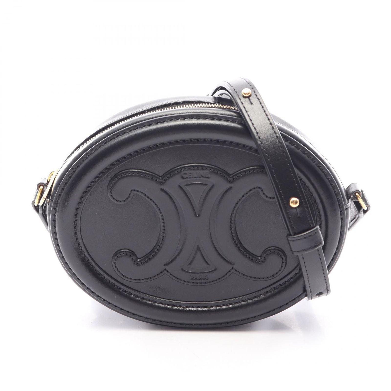 Celine Shoulder Bag Trio Black Leather Oval Purse Cuir