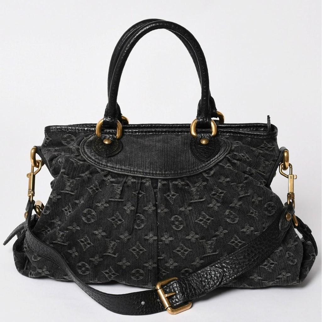 Louis Vuitton Shoulder Bag Slightly Monogram Denim Black Gold