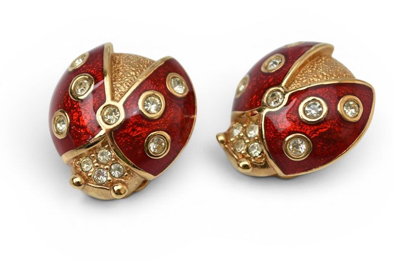 Dior Earrings Vintage Rhinestone Ladybird Red Gold — view 2
