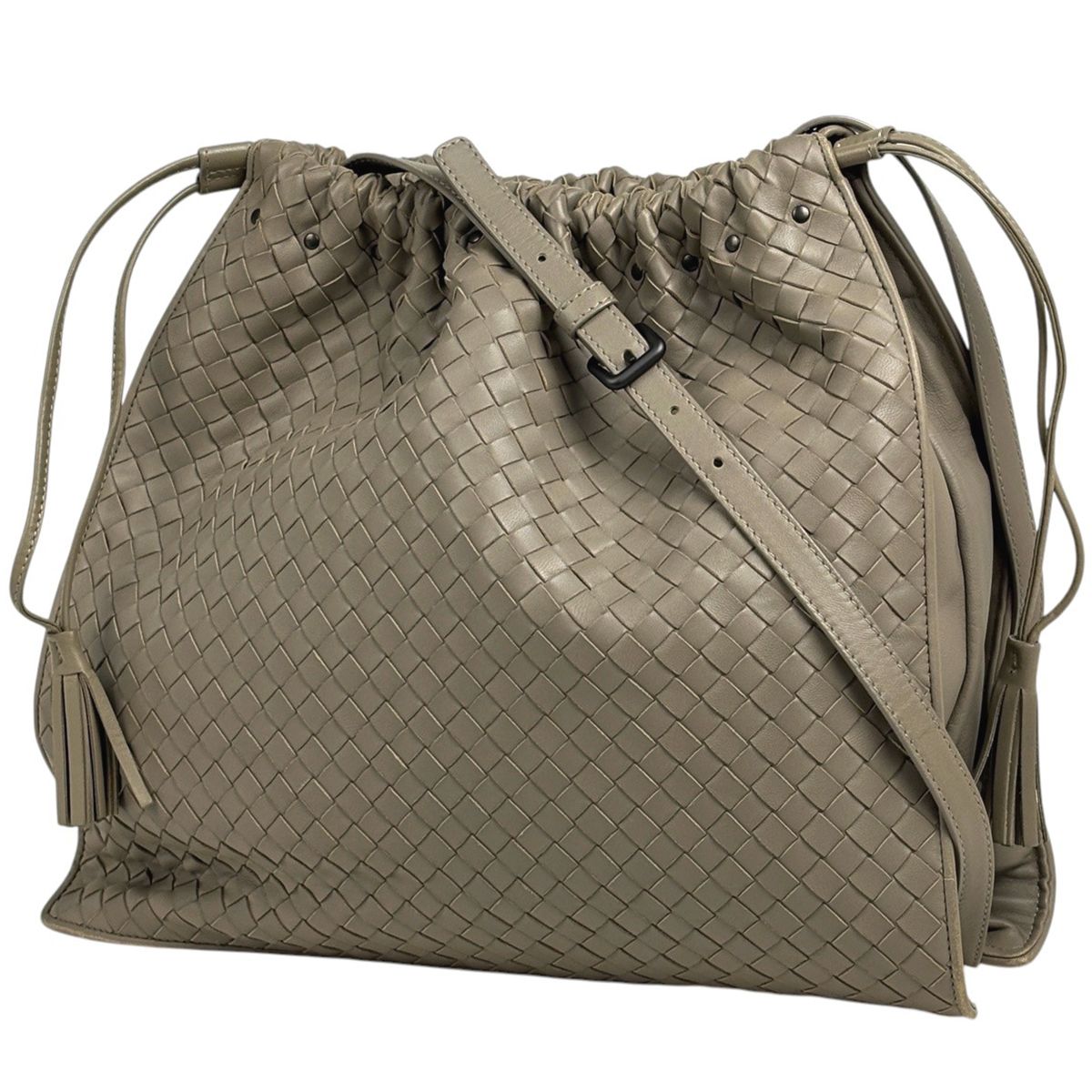 Bottega Veneta Intrecciato Shoulder Bag Drawstring Leather Gray