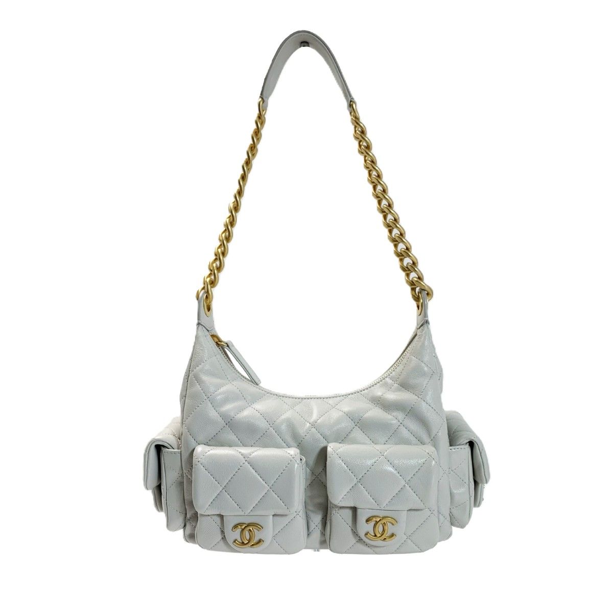 Chanel Quilted Hobo Lambskin Light Gray Shoulder