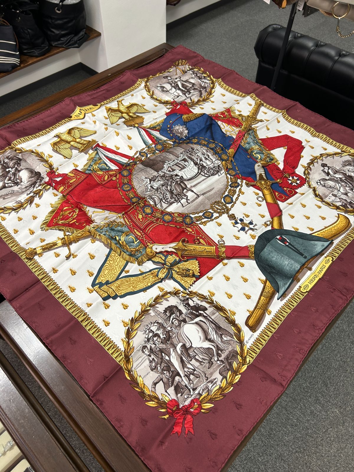 Hermes Carre 90 Napoleon Wine Red Gold Multi Color Silk Scarf — view 2