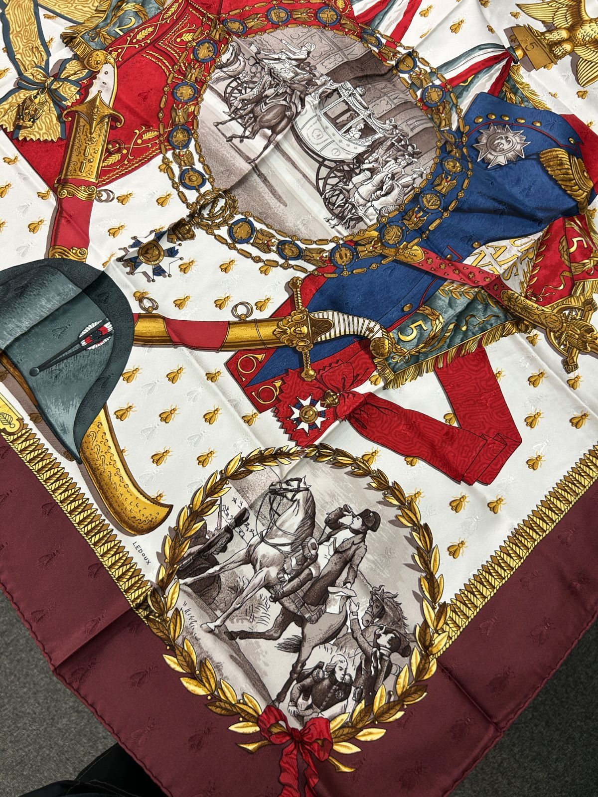 Hermes Carre 90 Napoleon Wine Red Gold Multi Color Silk Scarf — view 3
