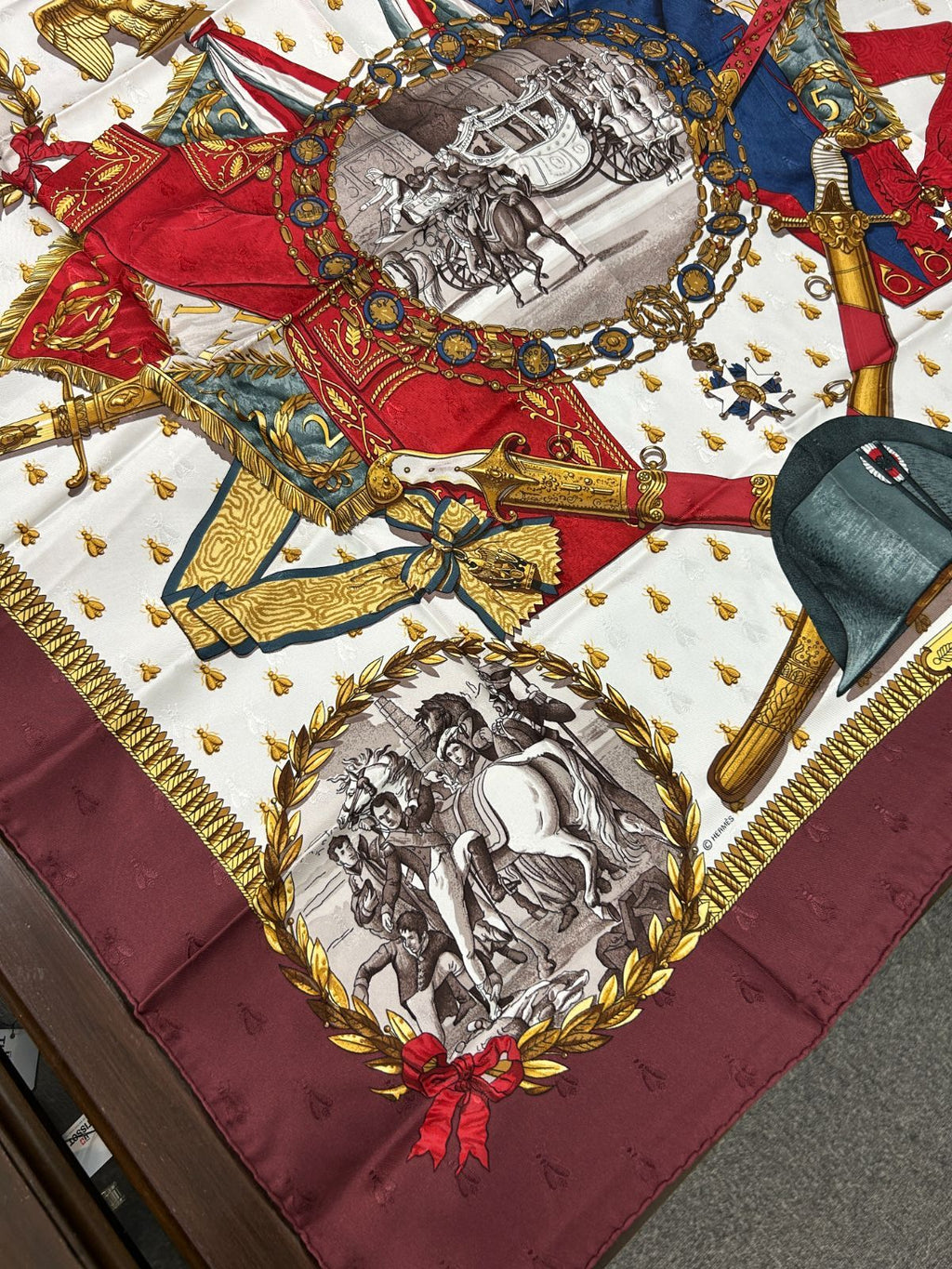 Hermes Carre 90 Napoleon Wine Red Gold Multi Color Silk Scarf — view 4