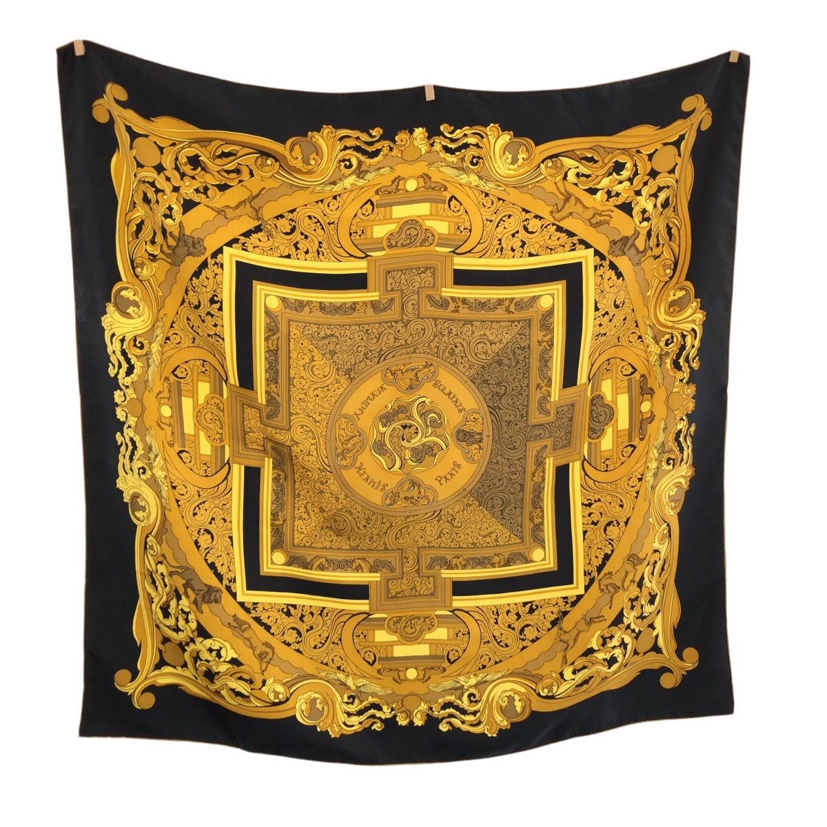 Hermes Sun Animals Carre 90 Black Yellow Multi Color Silk Scarf