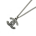 Chanel Necklace CC Logo Pendant Rhinestone Silver