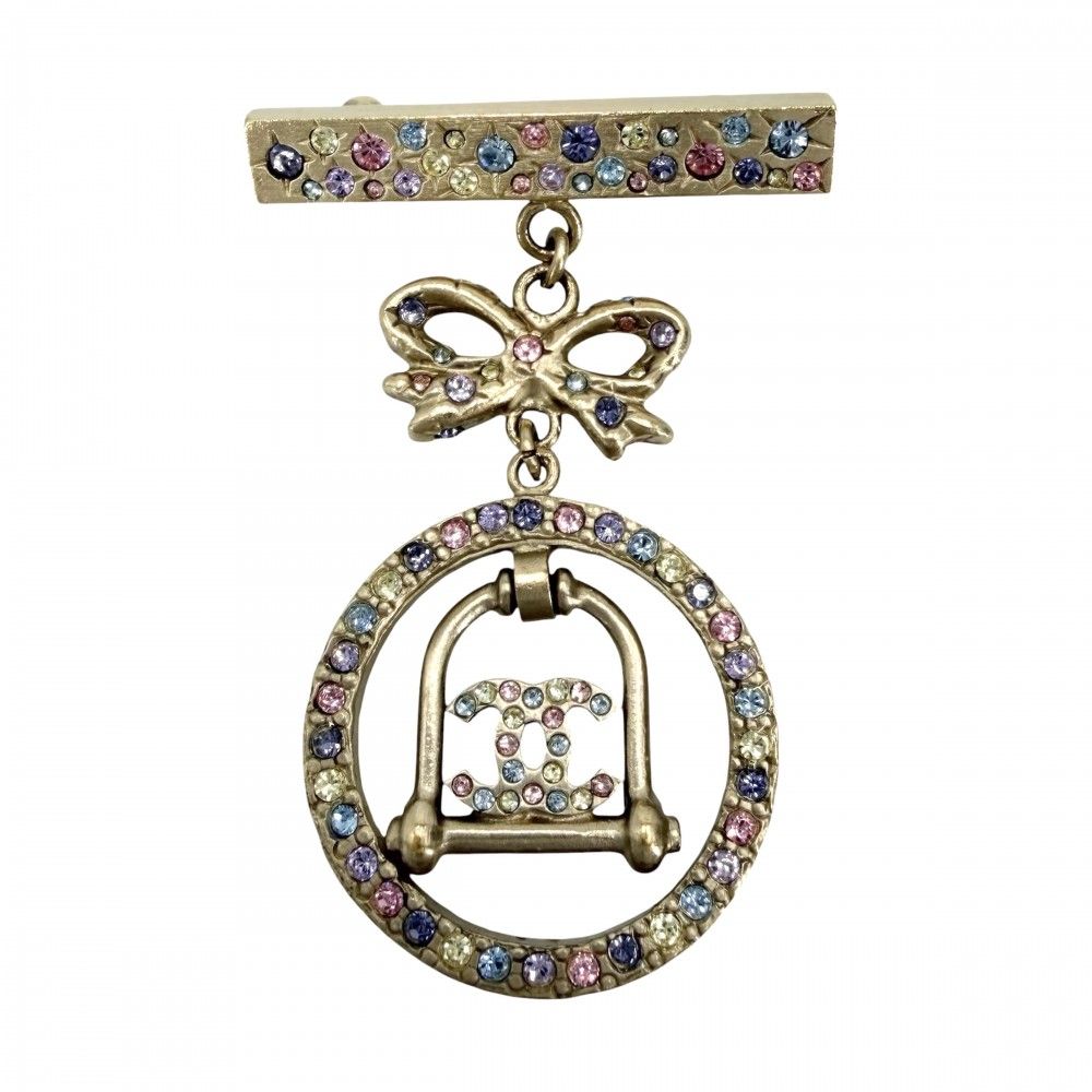 Chanel Brooch CC Logo Ribbon Swing Rhinestone Gold Plated Multi