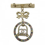 Chanel Brooch CC Logo Ribbon Swing Rhinestone Gold Plated Multi — view 2