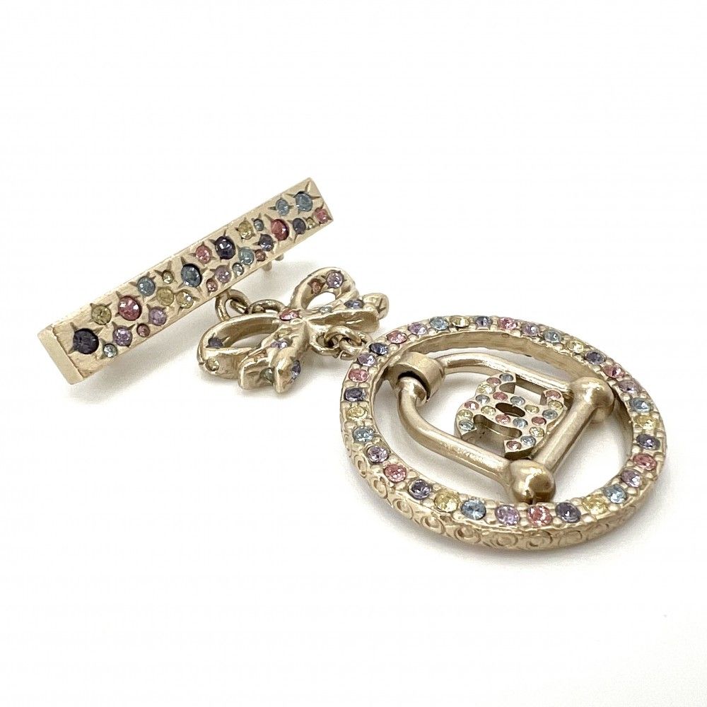 Chanel Brooch CC Logo Ribbon Swing Rhinestone Gold Plated Multi — view 3