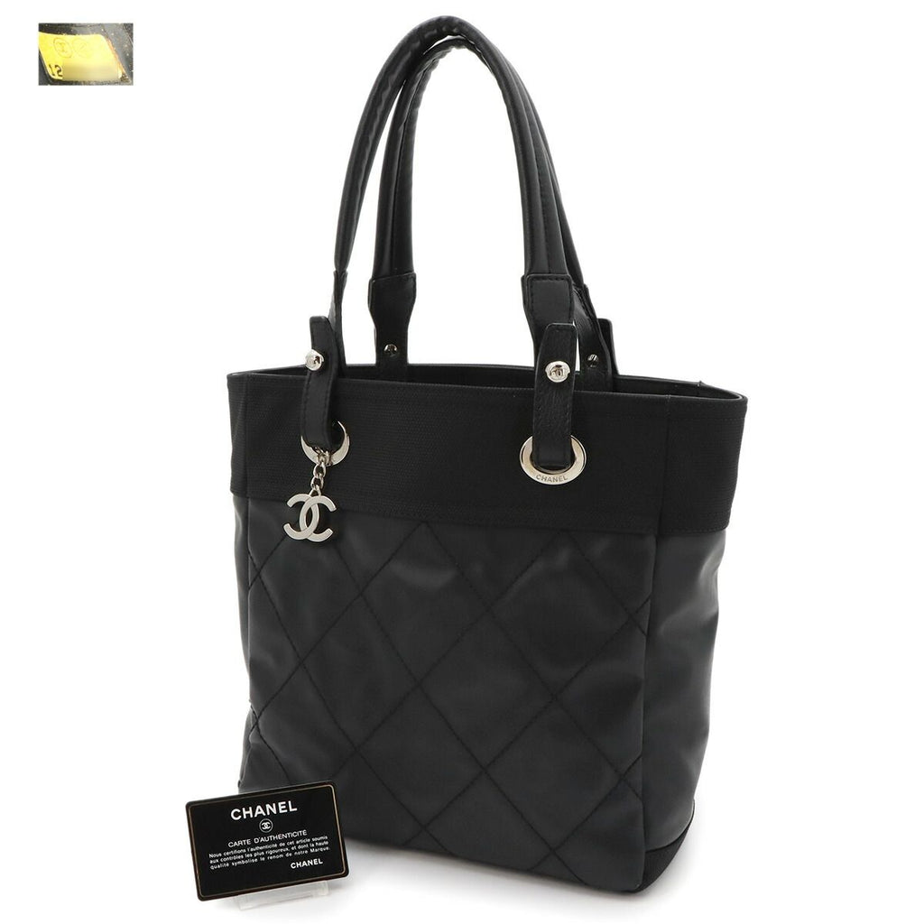 Chanel Paris Biarritz PM Tote Nylon Leather Black Silver — view 2