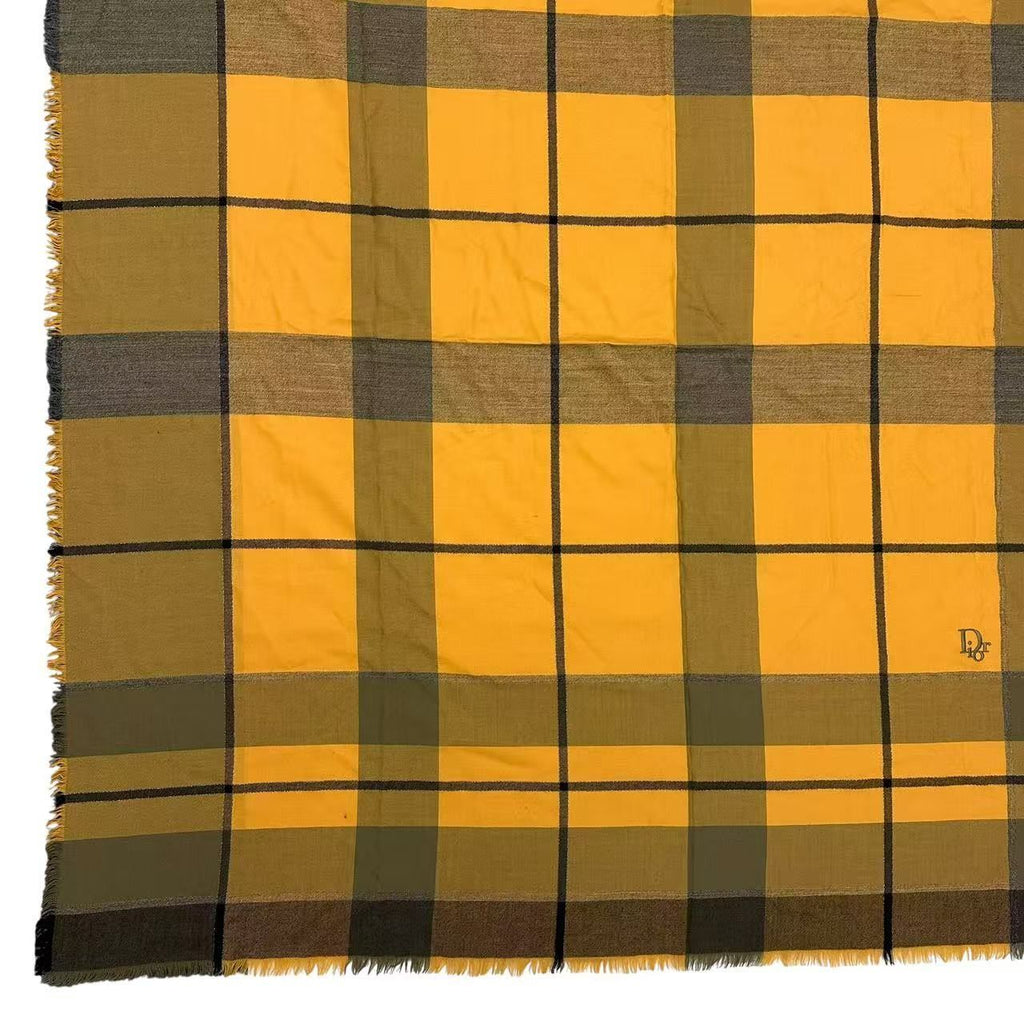 Dior Large Shawl Scarf Embroidery Logo Plaid Yellow — view 2