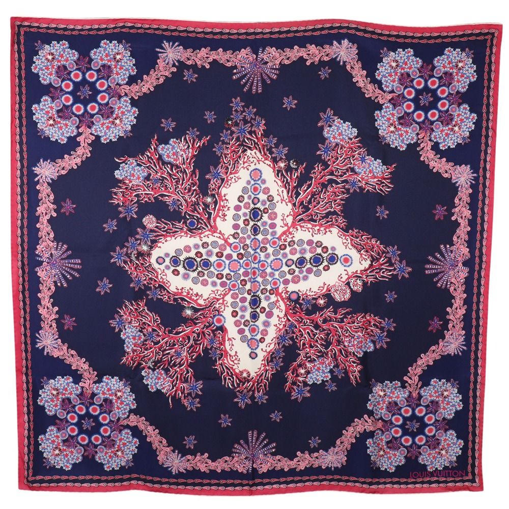 Louis Vuitton Monogram Coral Shawl Silk Navy Pink Scarf