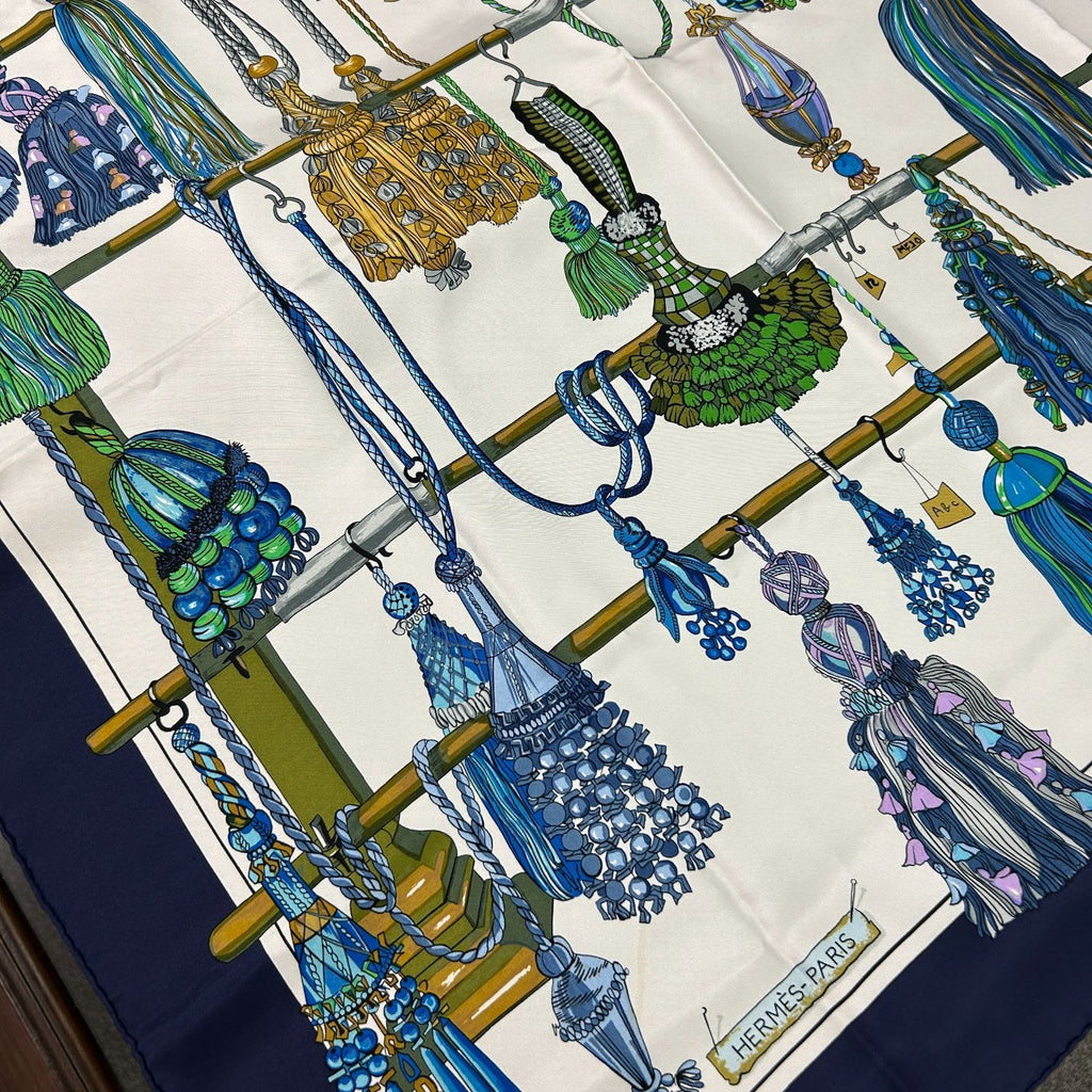 Hermes Carre 90 Silk Twill Pasementerie Blue Multi White Scarf — view 3